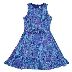 Anne Klein Midi Dress Women's 10 Navy Blue Paisley Belted Sleeveless Stretch Zip